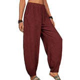 Women Solid Color Loose Cotton Linen Casual Pants Wide Leg Trouser with Pockets