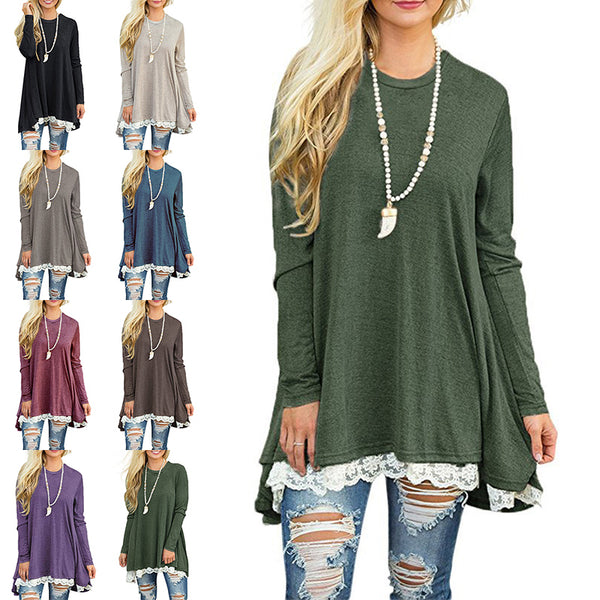 Women's Solid Color Mini Dress Casual Scoop Neck Lace Long Sleeve Pullover Dress