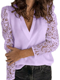 Womens V-Neck Lace Stitching Long Sleeve Casual Pullover Tops Blouse Basic Shirt