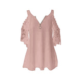 Women Solid Color Hollow Lace Sleeve Strappy Casual Tops T-Shirt Blouse Pullover