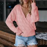 Women's Solid Color V Neck Hollow Jumpers Tops Fall Winter Long Sleeve Pullover