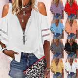 Lumento Women V Neck Zip Up Blouses Half Bell Sleeve Loose Casual Shirts Tops