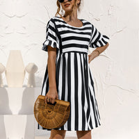 Women Fashion Skirt Striped Printed Short Sleeve Round Neck Casual Dress Ruffles