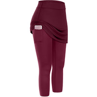 Women's Tennis Skirted Capri Leggings Pockets Elastic Sports Yoga Pants Skirts