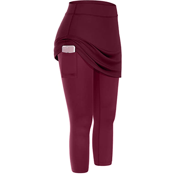 Women's Tennis Skirted Capri Leggings Pockets Elastic Sports Yoga Pants Skirts
