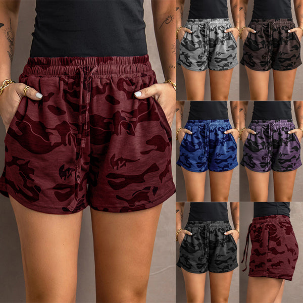Womens Comfy Drawstring Shorts Summer Casual Elastic Waist Camo Print Shorts