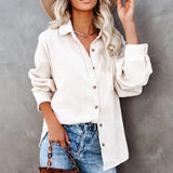 Women's Solid Color Lapel Long Corduroy Sleeve T-Shirt Pullover Blouse Tops Tee
