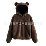 Ladies Rabbit Ear Fluffy Coat Fleece Hooded Solid Color Keep Warm Outwear Coat