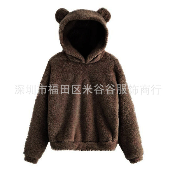 Ladies Rabbit Ear Fluffy Coat Fleece Hooded Solid Color Keep Warm Outwear Coat