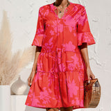 Ladies V-neck Flared Short Sleeves Cake Splicing Color Printed Casual Midi Dress