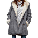 Women's Solid Color Hooded Neck Long Sleeve Fall Winter Hoodie Button-up Pockets