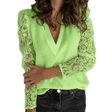 Womens V-Neck Lace Stitching Long Sleeve Casual Pullover Tops Blouse Basic Shirt