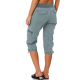 Women With Pockets Capri Pants Comfy Bottoms Loose Fit Casual Cropped Trousers Drawstring Elastic Waist Straight Leg Cargo Pant