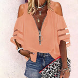 Lumento Women Zip Up V Neck Blouse Bell Sleeve Casual Shirts Sexy Cold Shoulder Tops