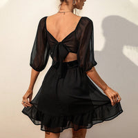 Women Elegant Party Short Mini Dress Half Short Sleeves Tunic Dress Summer Boho Beach Sundress Casual Flowy Dress