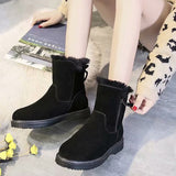 Lady Solid Color Ankle Boots Flat Shoes Warm Booties Side Zip Round Toe High Top