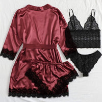Womens Satin Pajama Set 4 Pcs Floral Lace Trim Cami Lingerie Sleepwear with Robe Nightwear