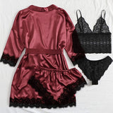 Womens Satin Pajama Set 4 Pcs Floral Lace Trim Cami Lingerie Sleepwear with Robe Nightwear