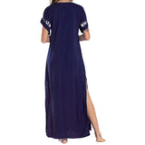 Lumento Women Embroidery Short Sleeve Bikini Cover Up Side Split Beach Kaftan Dress Swimsuit