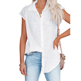 Women Solid Short Sleeve Shirt Lapel Blouse Baggy Loose Tunic Casual Tops Button-Down Cardigan
