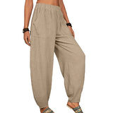 Women Solid Color Loose Cotton Linen Casual Pants Wide Leg Trouser with Pockets