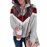 Women Ladies Stitching Zipper Wooly Cardigan Casual Long Sleeve Lapel Coat Tops