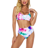 Women Tie Dye Two Piece Bikini Set High Waist Padded Swimsuit Swimwear Beachwear