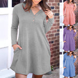 Women Mini Dress Pencil Dress Solid V Neck Pockets Long Sleeve Loose Waist Dress