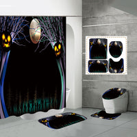 4 Pcs Halloween Decor Shower Curtain Set with Non-Slip Bath Mat, Toilet Pedestal Rugs and Toilet Lid Cover, Waterproof Bat Ghost Shower Curtains with 12 Hooks
