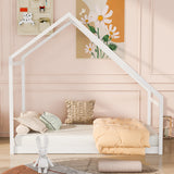 Goory Twin House Bed Frame, Wood Floor Bed with Roof Tent for Kids, Toddlers, Easy Assembly, Gray