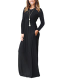 Women Tunic Waist Full Length Dress Solid Color Scoop Neck Slim Fit Long Sleeve