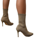Womens Knitted Stretch Cloth Slip On Ankle Boots Pointed Toe Fashionable Kitten High Heels Boots