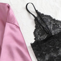 Womens Satin Pajama Set 4 Pcs Floral Lace Trim Cami Lingerie Sleepwear with Robe Nightwear