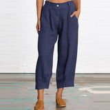 Women Cotton Linen Capri Mid Waist Palazzo Cropped Pants with Pockets Summer Solid Color Casual Loose Trousers