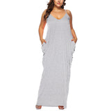 Women Solid Plus Size Sleeveless Maxi Dress V Neck Summer Spaghetti Straps Dress Double Side Pocket