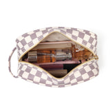 Lumento White Checkered Makeup Bag,Travel Storage Cosmetic Bag,PU Vegan Leather Make Up Pouch,Portable Toiletry Organizer