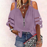 Lumento Women V Neck Zip Up Blouses Half Bell Sleeve Loose Casual Shirts Tops