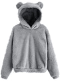 Ladies Rabbit Ear Fluffy Coat Fleece Hooded Solid Color Keep Warm Outwear Coat