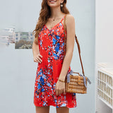 Women Sleeveless V Neck Dress Leopard Printed Splicing Casual Swing Dress Button