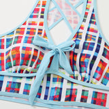 Women Sexy Swimwear V Neck Sleeveless Skirt Set Bow Tie Casual Bathing Suit High Waist Backless Swimdress Ruffle Hem Holiday Summer