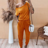 Womens Jumpsuit Crew Neck Off Shoulder Short Sleeve Elastic Waist Romper with Pockets