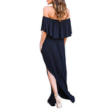 Sexy Off Shoulder Long Maxi Dress for Women Short Sleeve Summer Beach Sundress Split Ruffle Dress with Pocket