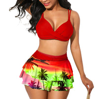 XS-XXL Women's Two Piece Swimsuit Bikini Set Summer Coconut Tree Prints Swimwear High Waist Tankini Double Suspenders Bra Tops+ Swimdress Bottoms Bathing Suits
