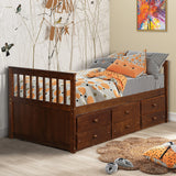 Gplesas Twin Size Captain Bed w/3 Storage Drawers, Trundle Bed Wooden Bed Frame, Solid Wood Platform Guest Bed Walnut