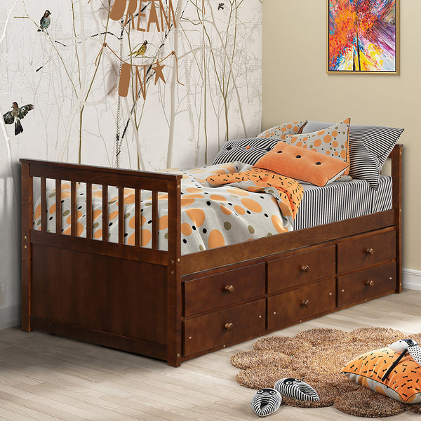 Goory Wooden Frame Twin Size Captain Bed,Daybed with 3 Storage Drawers,Trundle Bed Frame,Platform Guest Bed Walnut