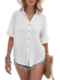 Women Loose Solid Color Tee Shirt Ladies Basic T-shirt Short Sleeve Vacation Roll Casual Blouse