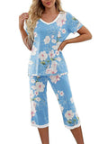Women Floral Pajama Set Sleepwear Tops with Capri Pants Outfits Ladies Summer Comfy Sleep Nightshirt PJS Set