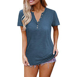 Womens V-Neck Blouses Short Sleeve Button Up Tunic Tops Casual Summer Henley Shirt Solid Color Basic T Shirt
