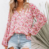 Ladies V-neck Floral Blouse Women's Lantern Long Sleeves Loose Fit Tops Shirts