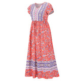 Lumento Women Floral Print Dress Summer V Neck Boho Dress Short Sleeve Long Maxi Dress